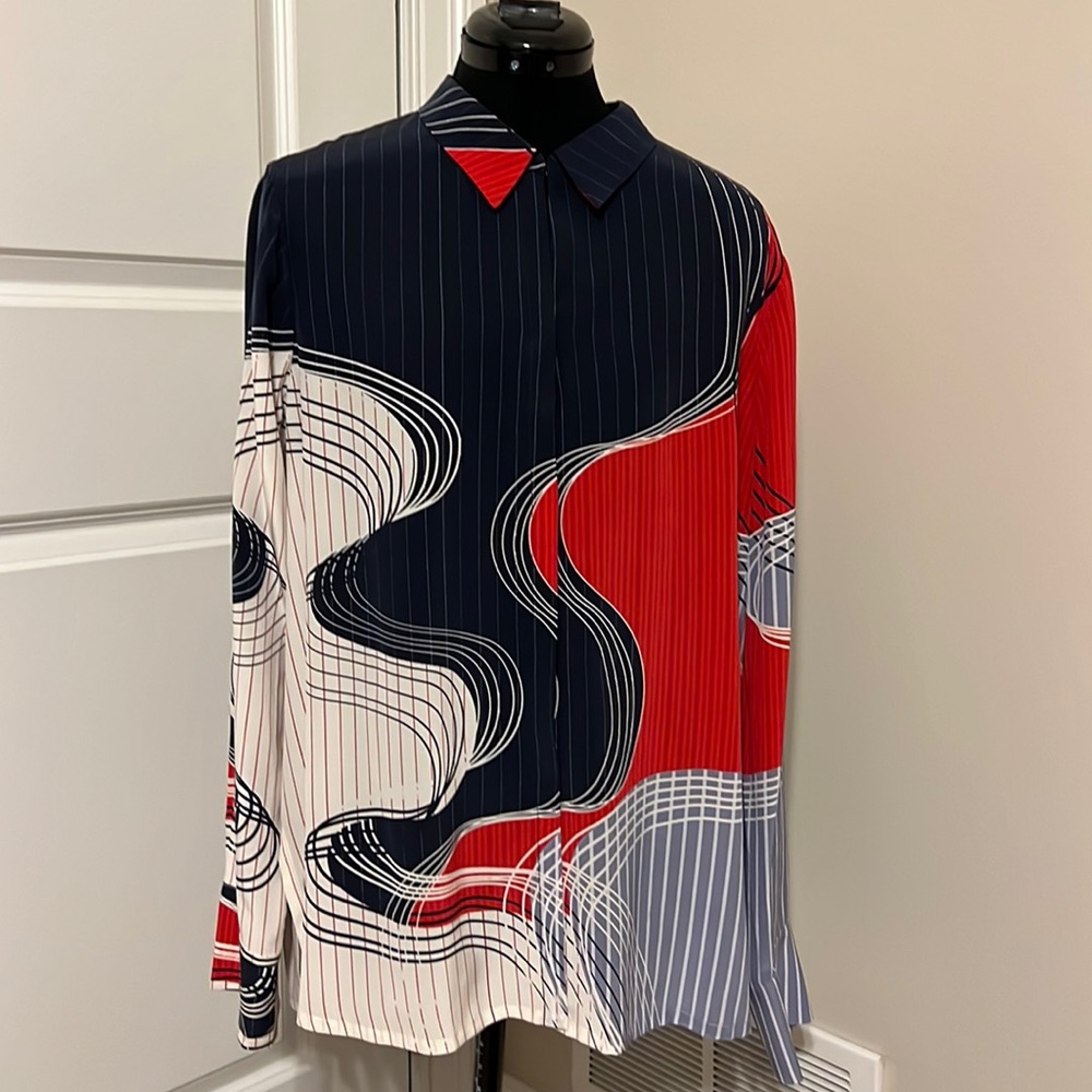 Ecru Navy and Red Striped Blouse